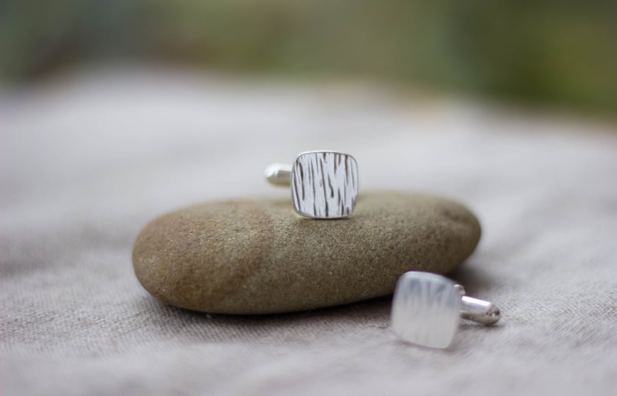 Sterling Silver Square Bark Pattern Cufflinks,Gift for Him, Anniversary gift