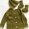 Hand knitted baby cardigan, hat and bootees in luxury alpaca