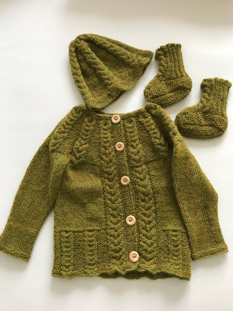 Hand knitted baby cardigan, hat and bootees in luxury alpaca