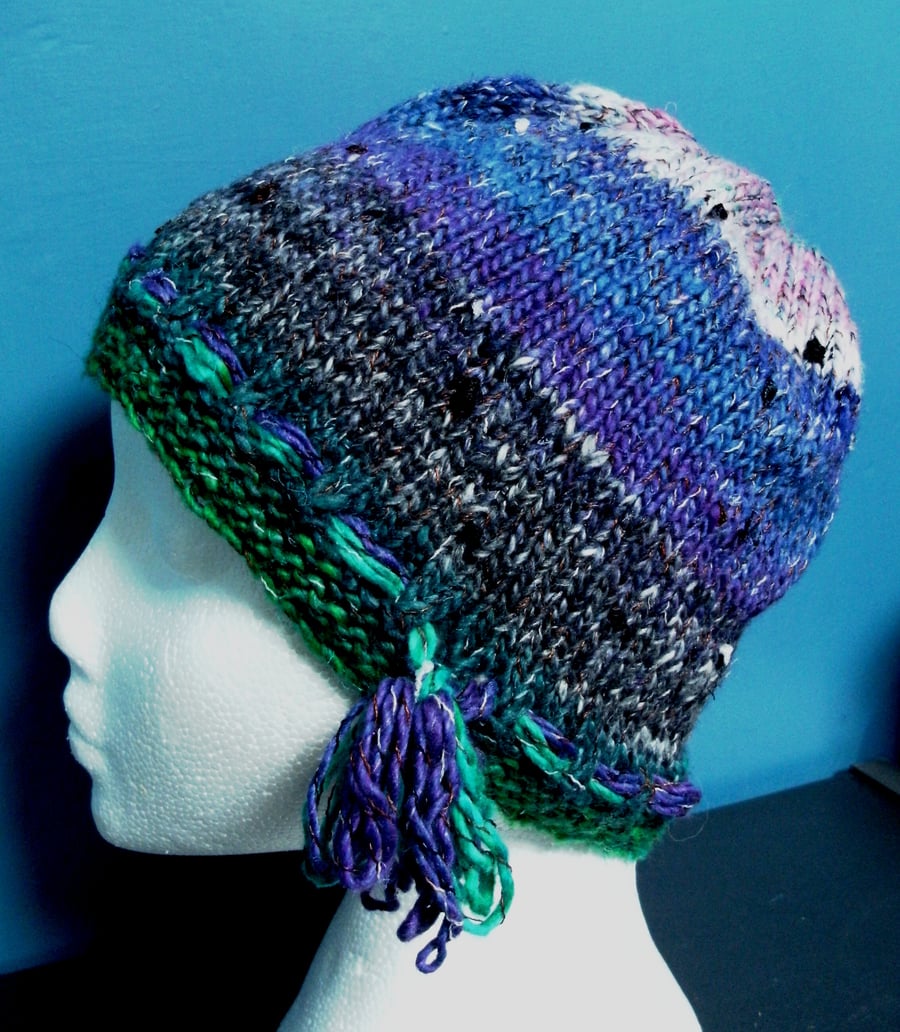 Handknit Noro cotton silk & wool hat M Purple, Blue, Pale Pink, Green & White