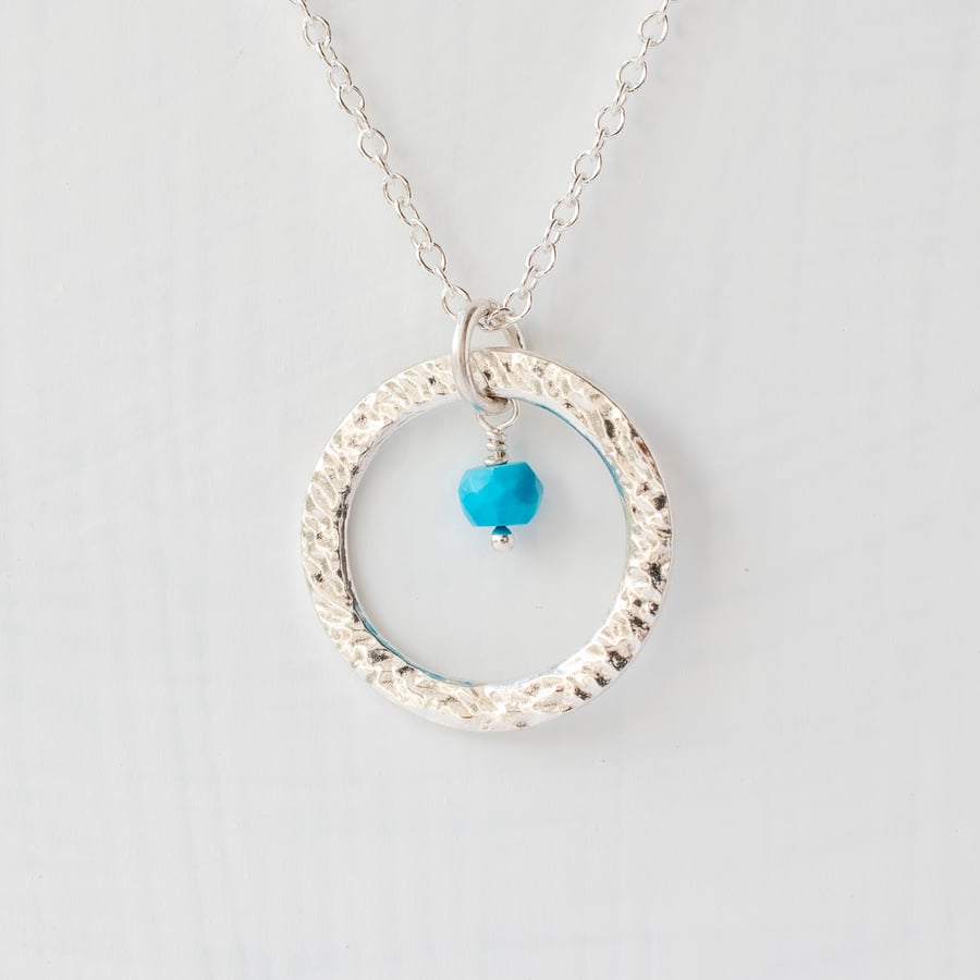 Turquoise and Large Textured Fine Silver Circle pendant