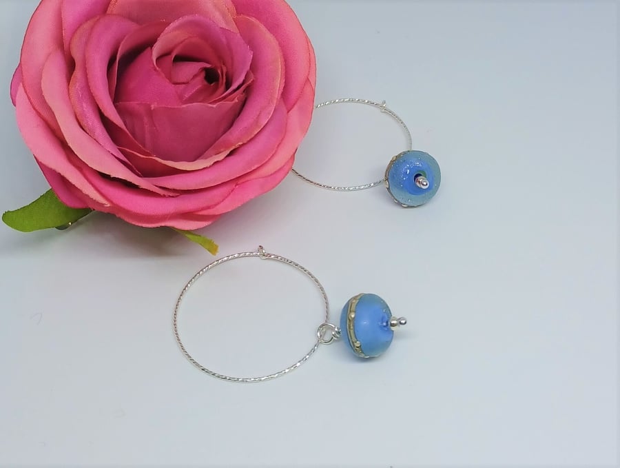 Blue Lampwork Glass Earrings, Galaxy Glass Earrings, Silver Hoop Earrings, Sterl