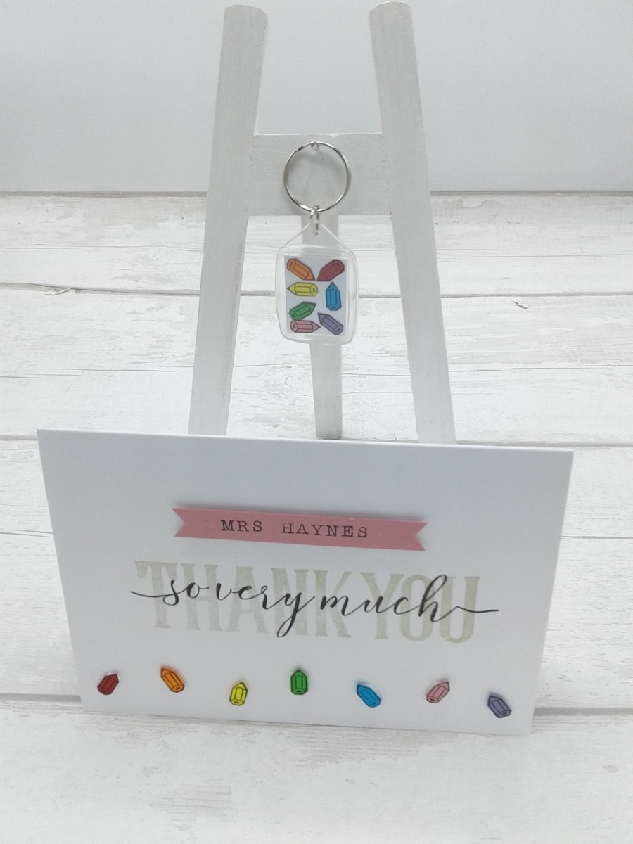 Teacher thank you card and gift. Personalised card and personalised key ring.