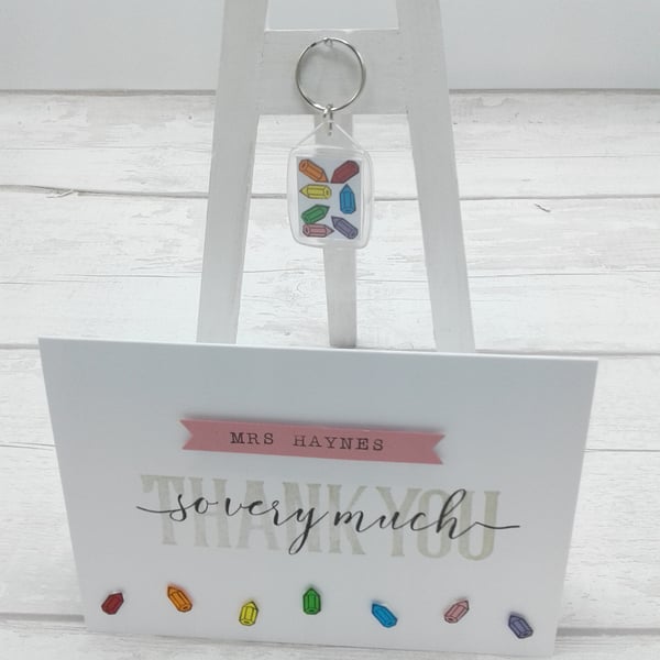 Teacher thank you card and gift. Personalised card and personalised key ring.