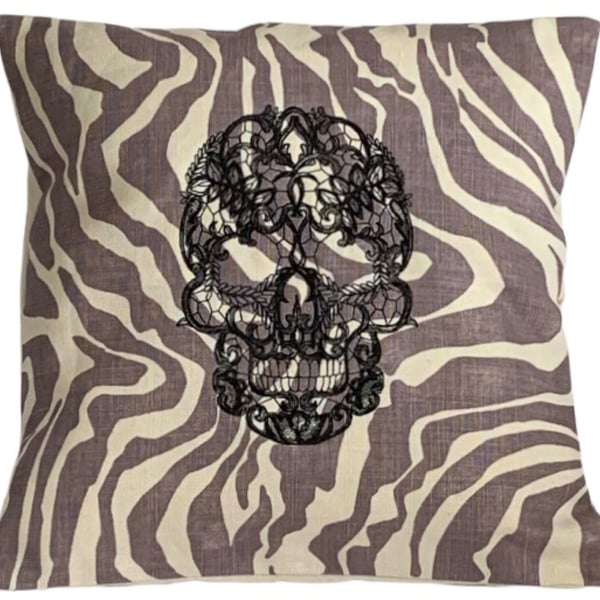 Lace Skull on Animal Print Embroidered Cushion Cover 14”x14” Last One