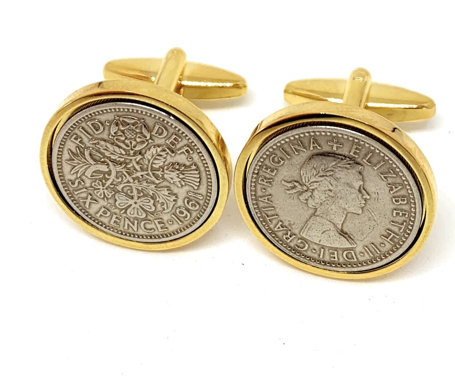 Premium 1961 Sixpence Cufflinks for a 64th birthday. Original british sixpences 