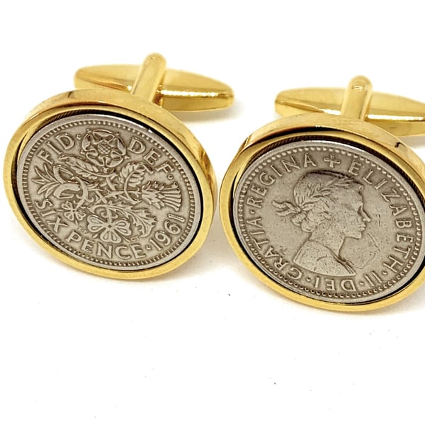 Premium 1961 Sixpence Cufflinks for a 64th birthday. Original british sixpences 