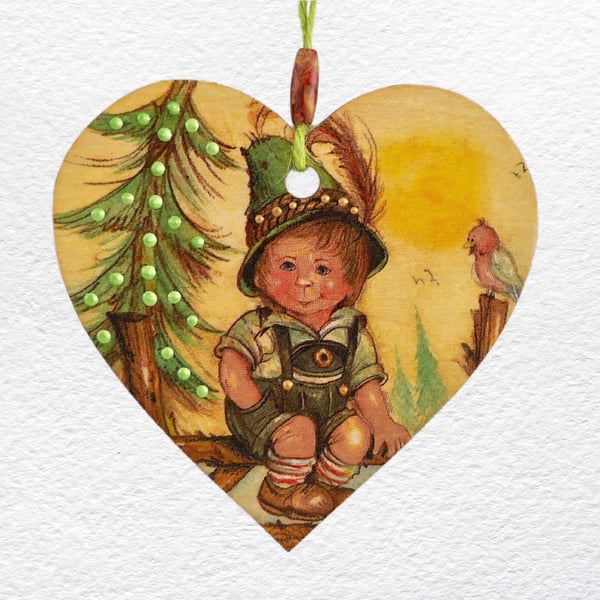 Tyrollean design: Decoupaged Wooden Hanging Heart 15cm (6")