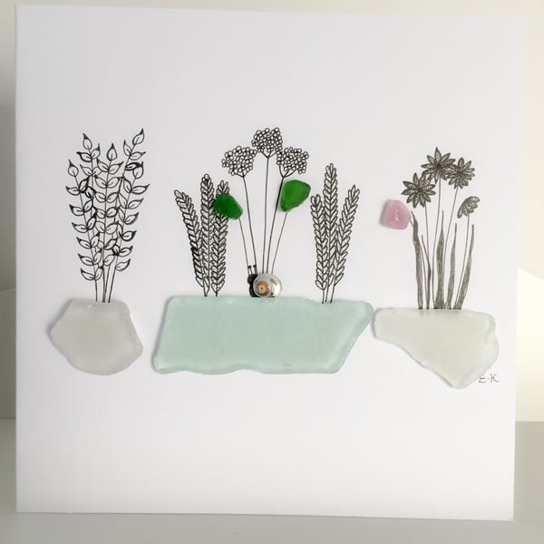 Hand drawn ‘garden pots’ greeting card with Cornish sea glass 