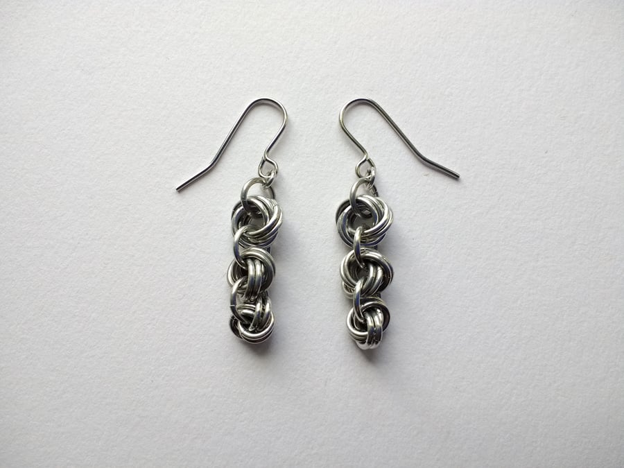 Double Flower Triple Tiered Woven Chain Mail Earrings, Aluminium