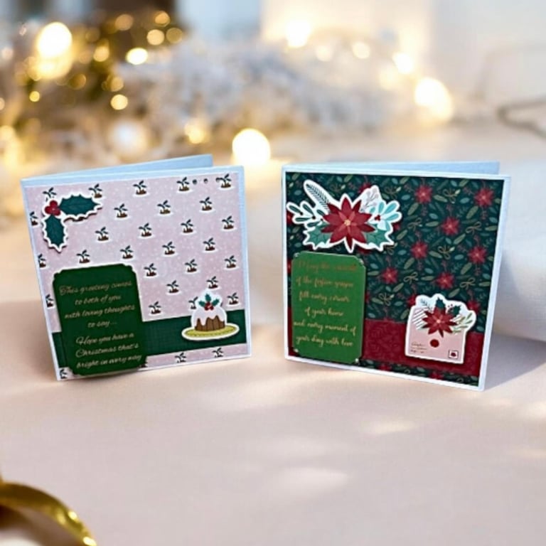 Handmade Festive Christmas Cards – Set of 2 with Poinsettias and puddings. 
