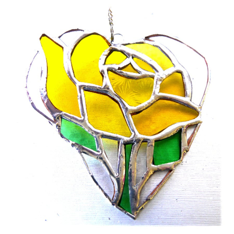 Yellow Rose Heart Suncatcher Stained Glass
