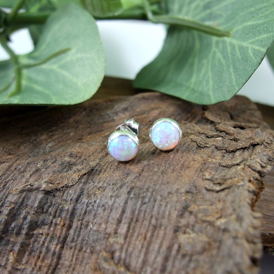 Stud Earrings, Lab Made Opal and Sterling Silver 5mm Studs