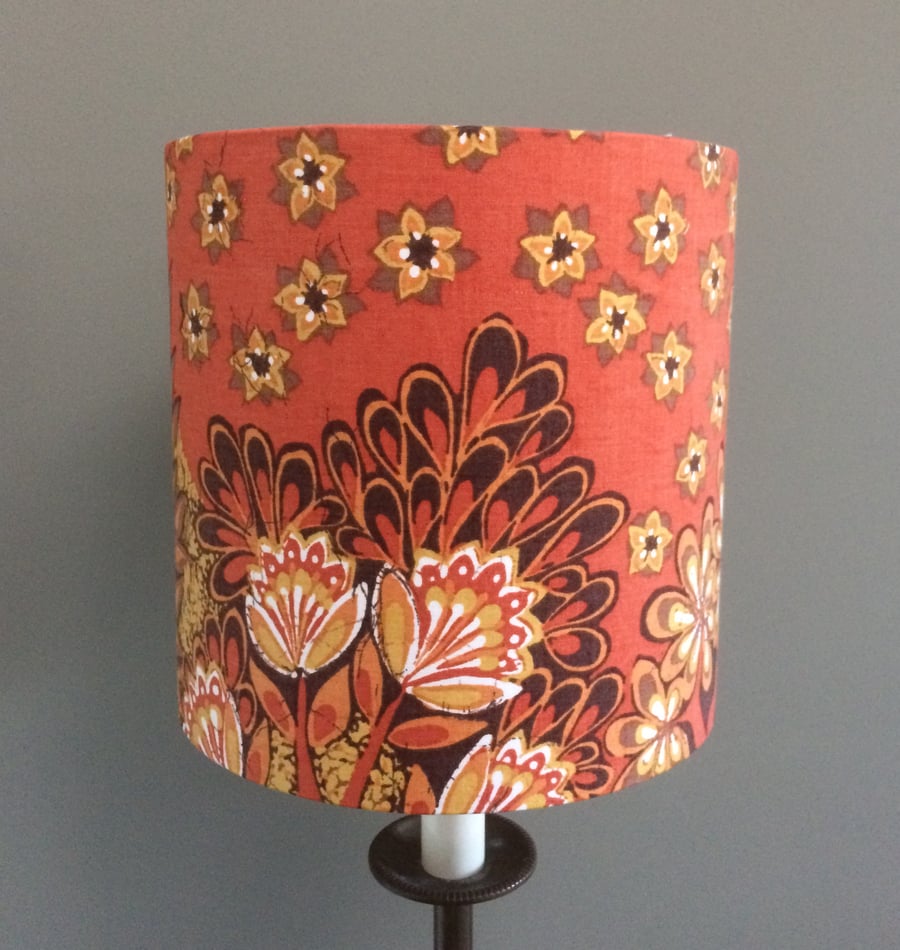 70s Batik Style Flower Leaf Tree Orange Vintage fabric Lampshade