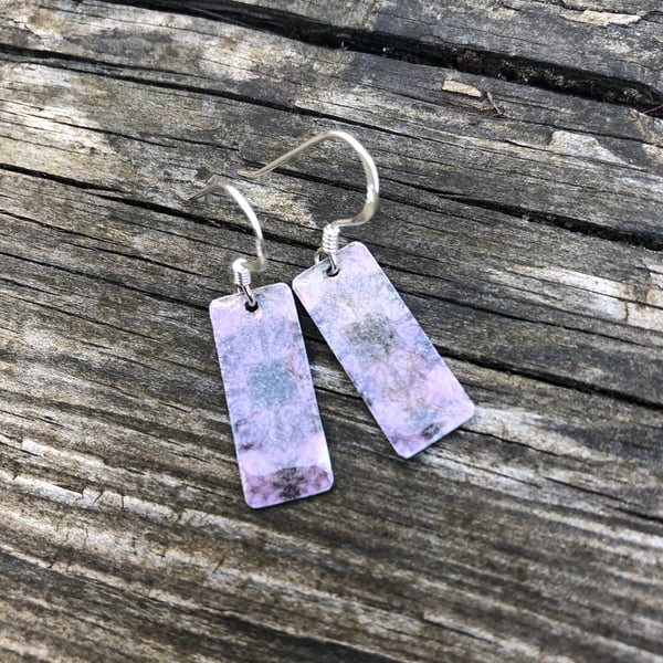 Lilac Decoupage & Enamel Rectangle Earrings. Sterling silver.