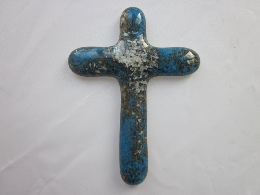 Handmade cast glass holding cross - small ocean