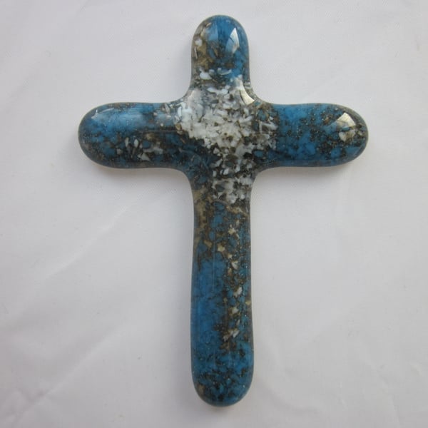 Handmade cast glass holding cross - small ocean
