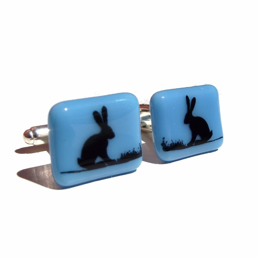 Black Hare Cuff Links Fused Glass with Screen Printed Kiln Fired Enamel