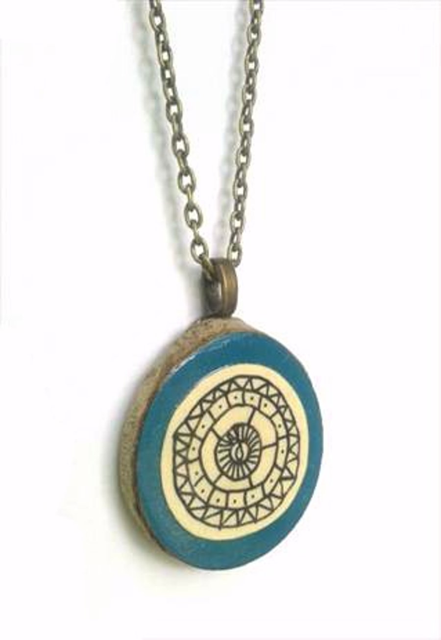 Hand Illustrated Geometric Aztec Wooden Necklace