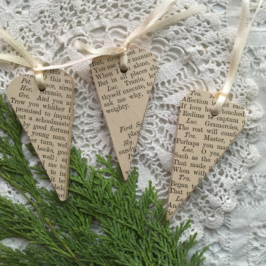Small wooden paper covered hearts - ribbon tie