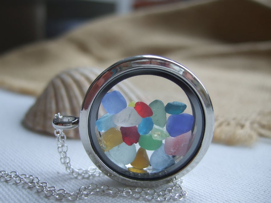 Sea glass locket, rainbow sea glass memory necklace, silver memory pendant