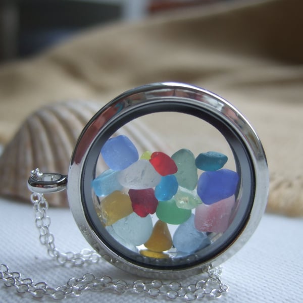 Sea glass locket, rainbow sea glass memory necklace, silver memory pendant