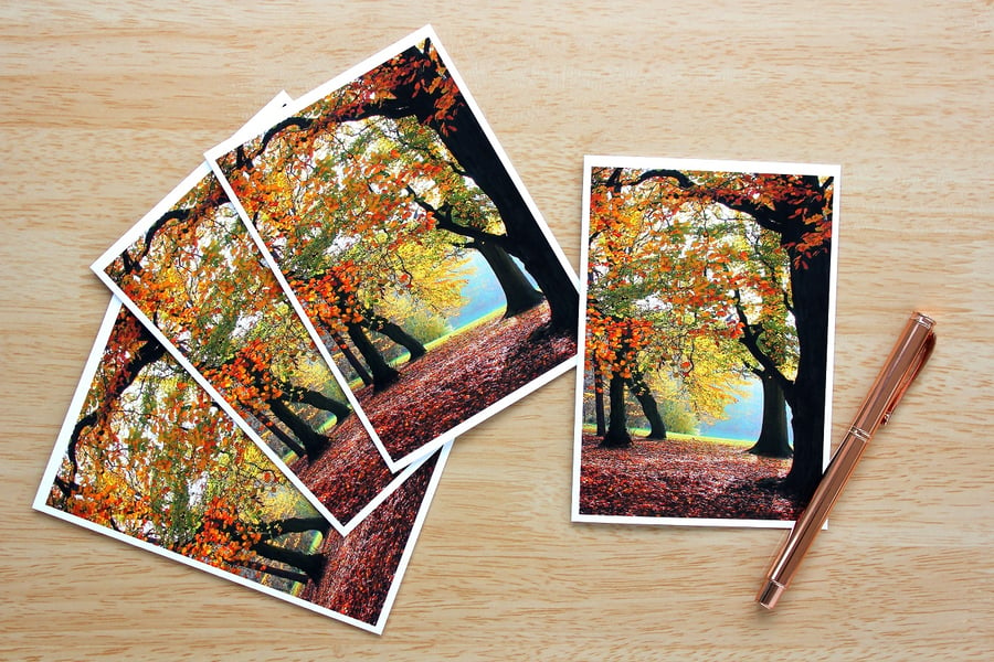 Autumn Woodland Trees Greeting Cards or Notelets, pack of 4
