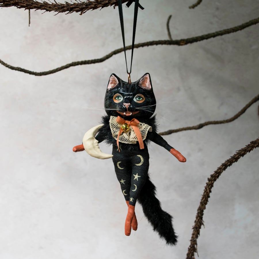 Black cat hanging decoration with brooch. Noir the black cat