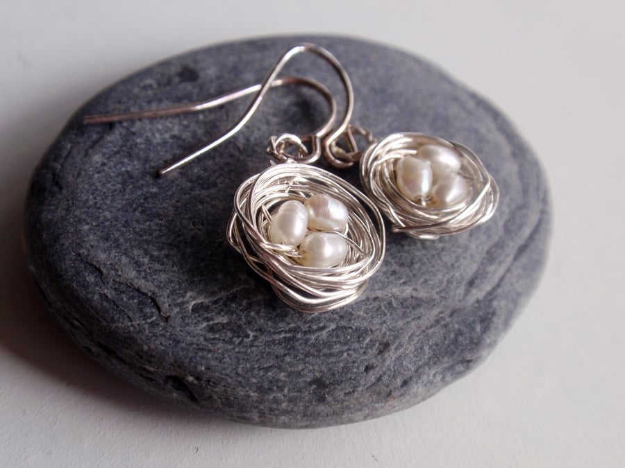 Sterling Silver Birds Nest Earrings with Freshwater Pearl Bird Eggs