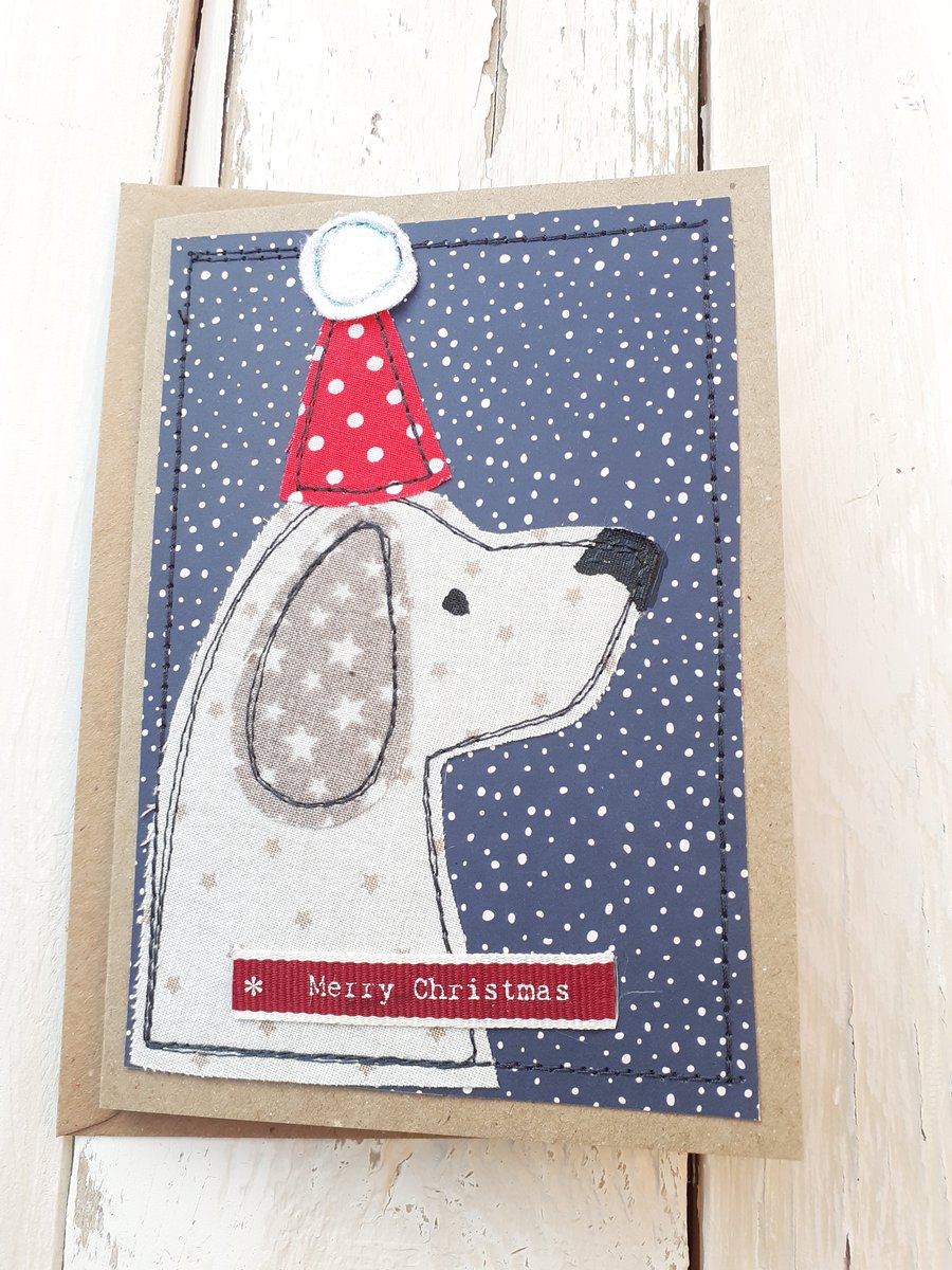 Free Motion Embroidery Christmas Card Cute Dog in a Christmas Hat