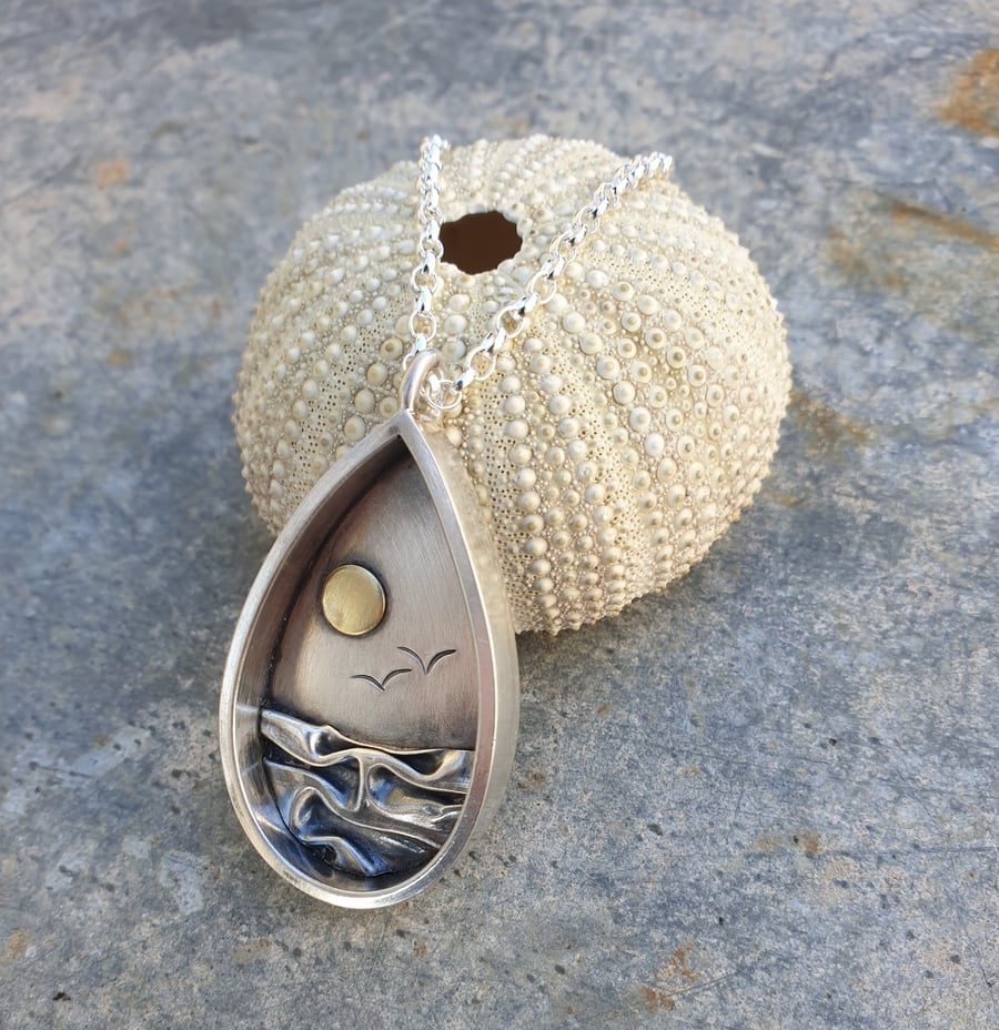 Sterling silver teardrop beach scene pendant