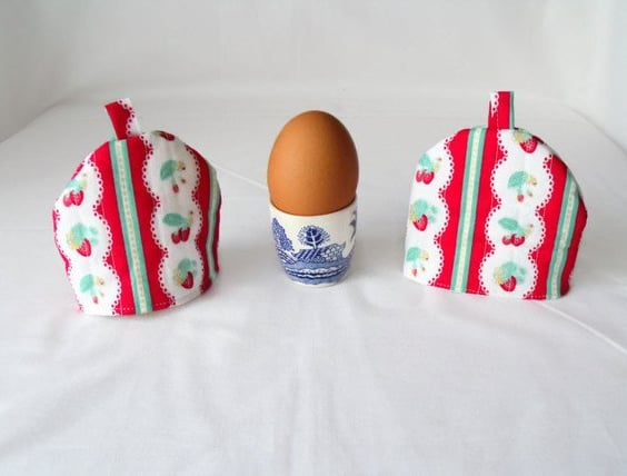 pair of red quilted strawberry egg cup cozies, easter gift