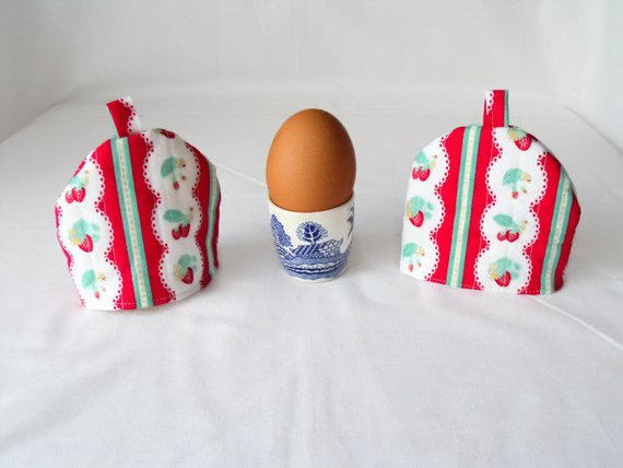 pair of red quilted strawberry egg cup cozies, easter gift