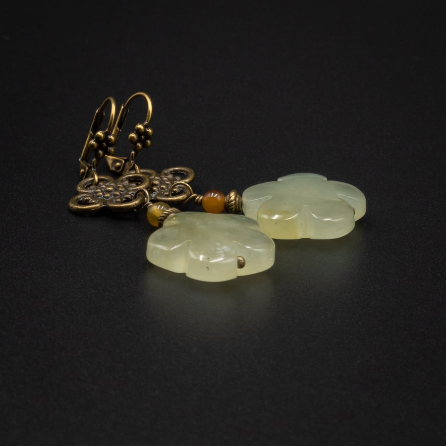  Jade and bronze carved flower drop earrings, Taurus jewelry