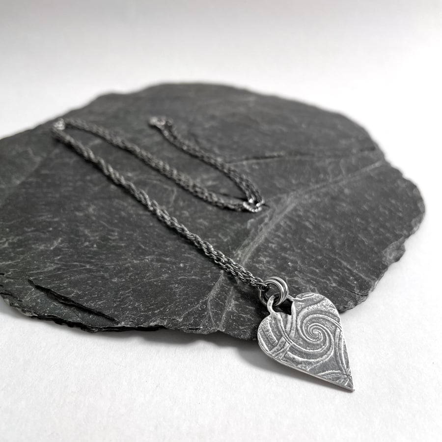 Sterling silver heart pendant on chain, oxidised patterned silver