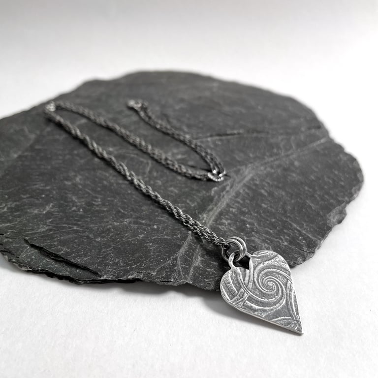 Sterling silver heart pendant on chain, oxidised patterned silver