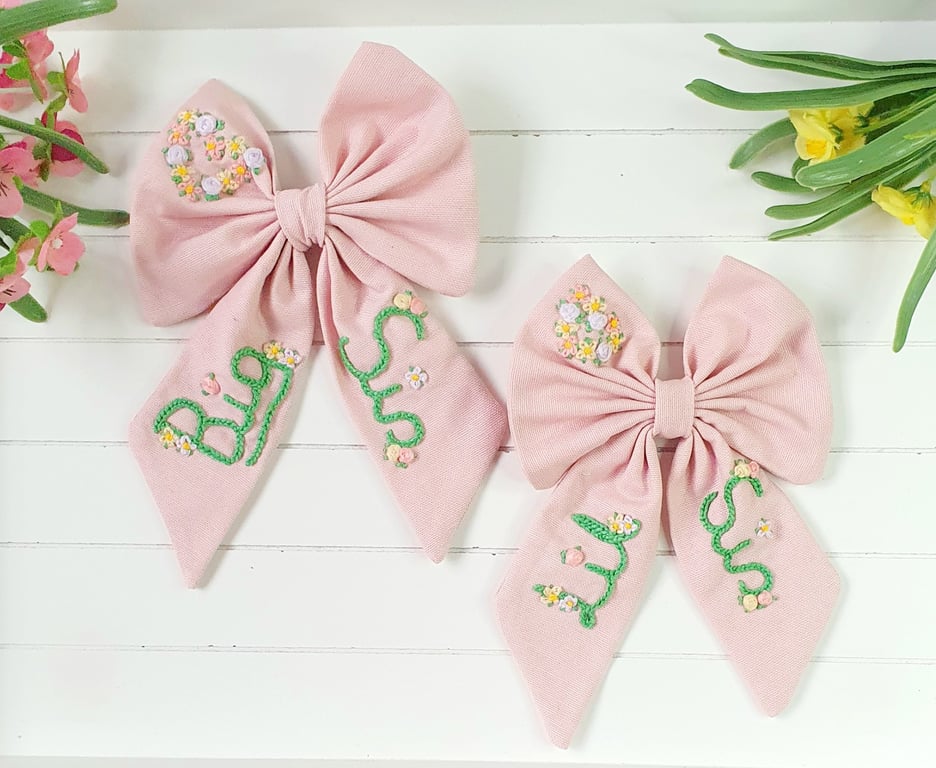 Big Sis,Lil Sis Floral spring hand Embroidered Matching Pink Bow Set