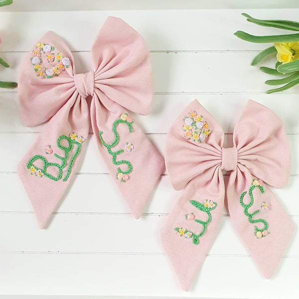 Big Sis,Lil Sis Floral spring hand Embroidered Matching Pink Bow Set