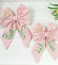 Big Sis,Lil Sis Floral spring hand Embroidered Matching Pink Bow Set