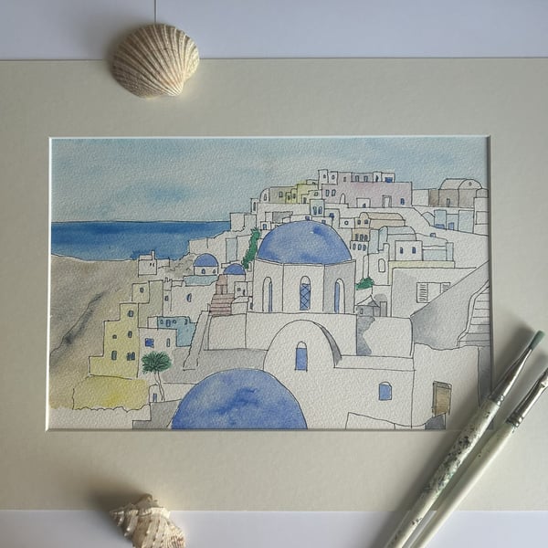 Greek watercolour church in Santorini