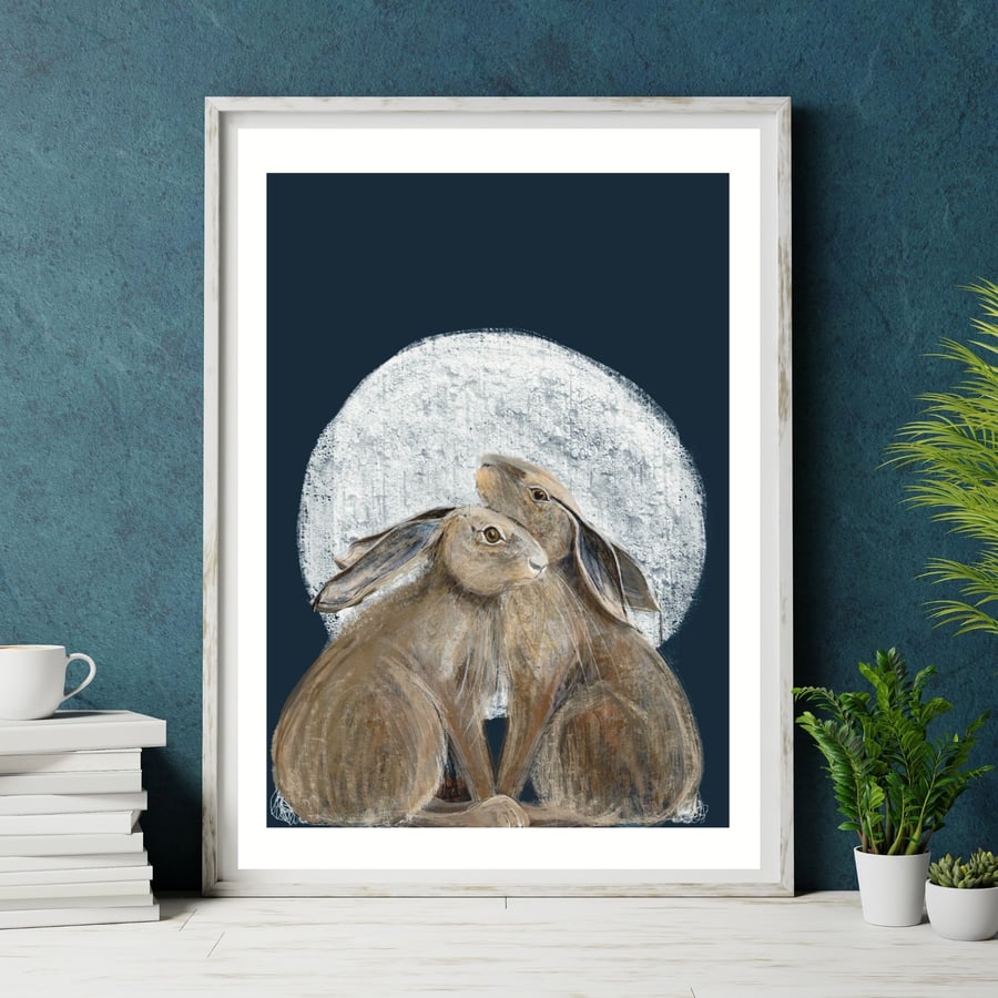 Hare Art moon gazing hare art print wildlife art