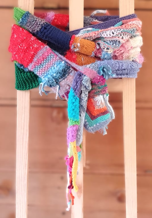 Long freeform knitted colourful arty boho unusual quirky one-of-a-kind scarf