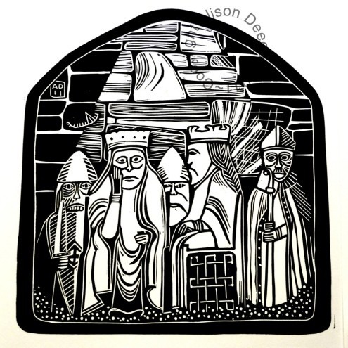 Original Lino print Waiting... lewis chessmen