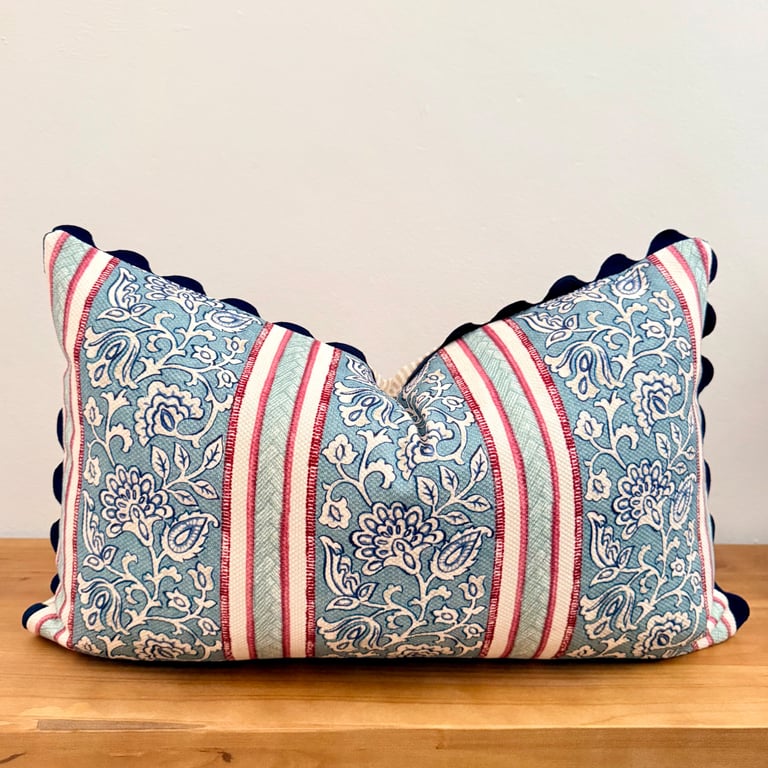ILIV Isolde Slate Floral Lumbar Cushion with Navy Ric Rac - FEATHER PAD Included