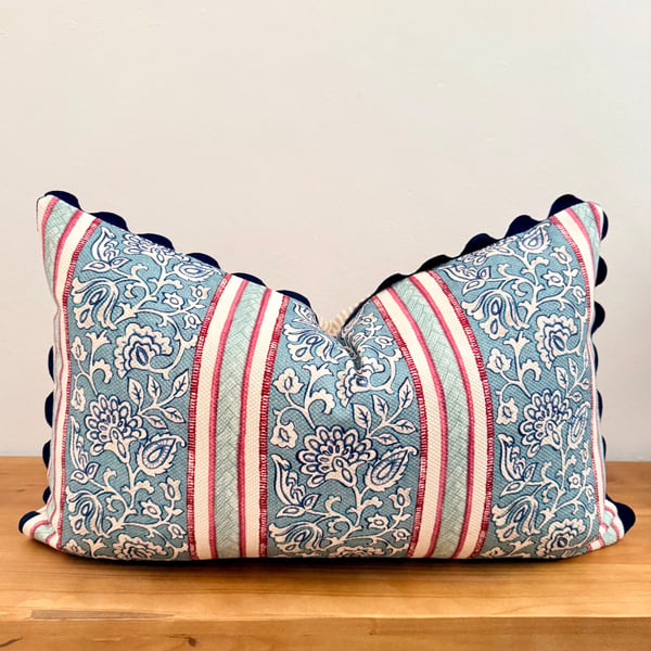 ILIV Isolde Slate Floral Lumbar Cushion with Navy Ric Rac - FEATHER PAD Included