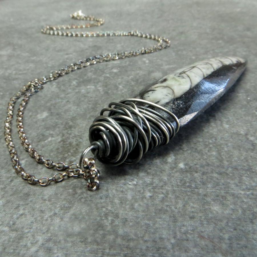 Orthoceras spine necklace, Oxidised silver pendant