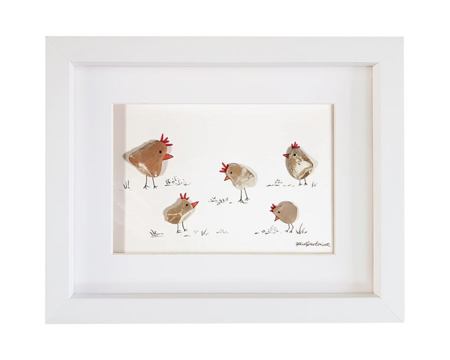Golden Chickens - Pebble Picture - Framed Unique Handmade Art