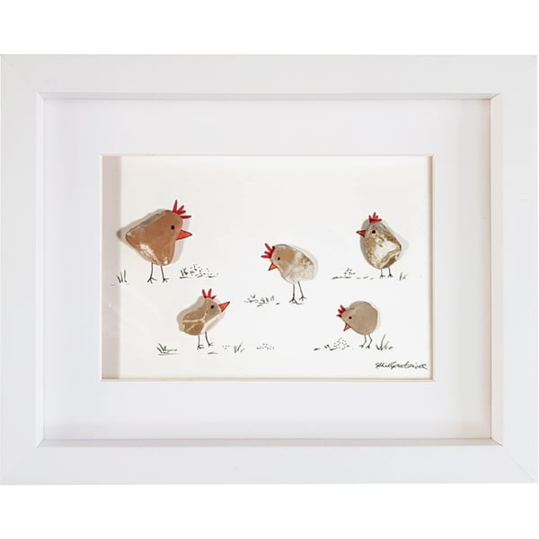 Golden Chickens - Pebble Picture - Framed Unique Handmade Art