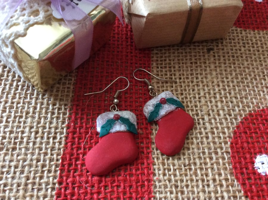 Christmas Stocking Novelty Fimo Earrings Crimson