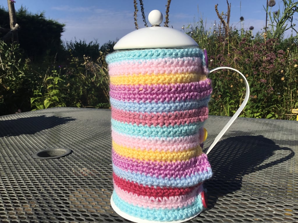 Hand crocheted and lined cafetiere cosy to keep your coffee hot